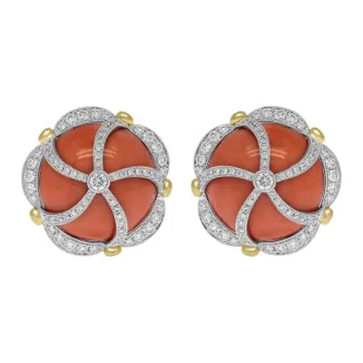 Pre-owned Sophia D . 44.60 Carats Of Coral And Diamond Earrings In Platinum In Red