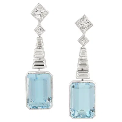 Pre-owned Sophia D Aquamarine And Diamond Art Deco Drop Earrings In Platinum In Multi