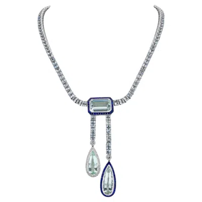 Pre-owned Sophia D Art Deco Aquamarine, Sapphire And Diamond Necklace In Platinum In Blue