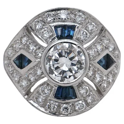 Pre-owned Sophia D Art Deco Diamond And Sapphire Ring In Platinum In Blue