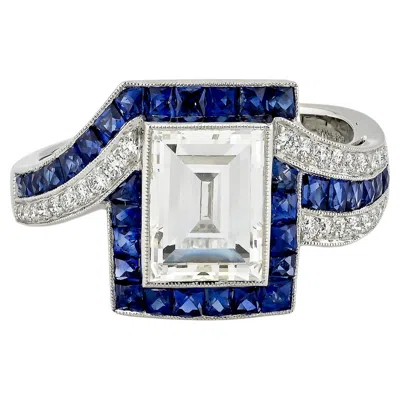 Pre-owned Sophia D Art Deco Diamond And Sapphire Ring Platinum In Blue