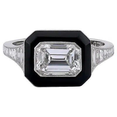Pre-owned Sophia D Art Deco East-west Emerald-cut Diamond And Onyx Ring In Black