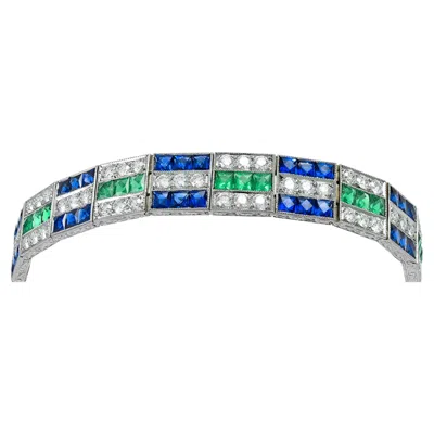 Pre-owned Sophia D . Art Deco Emerald, Blue Sapphire And Diamond Bracelet