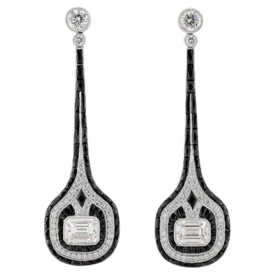 Pre-owned Sophia D Art Deco Emerald Cut Diamond And Onyx Drop Earrings In Platinum In Green