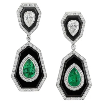 Pre-owned Sophia D Art Deco Emerald Diamond And Onyx Drop Earrings Platinum And 18k Yellow