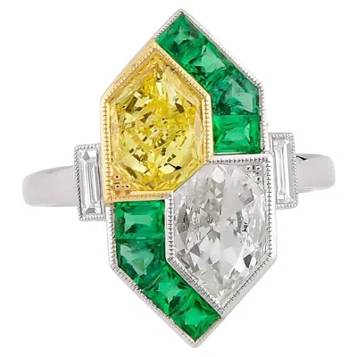 Pre-owned Sophia D Art Deco Kite-cut Yellow And White Diamond Mosaic Ring In Platinum And
