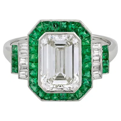 Pre-owned Sophia D Art Deco Mosaic Emerald And Diamond Ring Platinum In Green