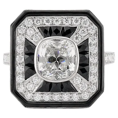 Pre-owned Sophia D Art Deco Mosaic Onyx And Cushion-cut Diamond Ring Platinum In Black