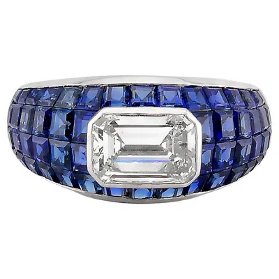 Pre-owned Sophia D Art Deco Mosaic Sapphire And Emerald-cut Diamond Ring In Blue
