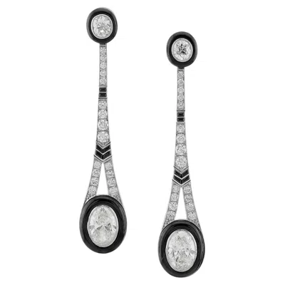 Pre-owned Sophia D Art Deco Onyx And Oval Diamond Drop Earrings Platinum And 18k Yellow Go