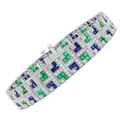 Pre-owned Sophia D . Art Deco Platinum Bracelet With Sapphire, Emerald And Diamond. In Green