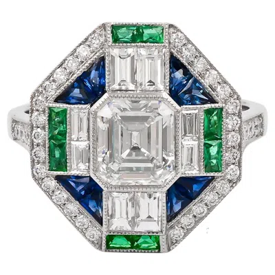 Pre-owned Sophia D . Art Deco Ring In Platinum With Diamonds, Emeralds And Blue Sapphires