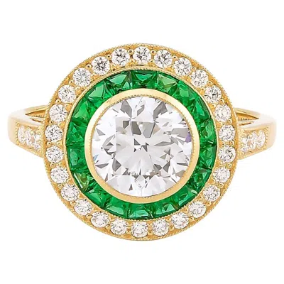 Pre-owned Sophia D Art Deco Round Diamond And Emerald Halo Ring In 18k Yellow Gold