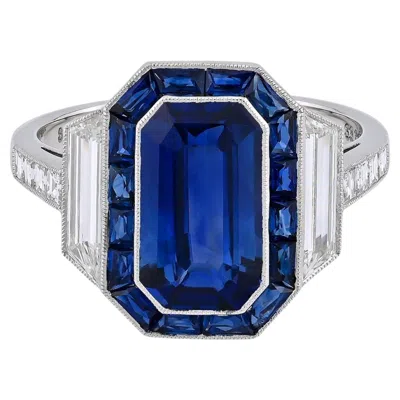 Pre-owned Sophia D Art Deco Sapphire And Diamond Ring Platinum In Blue