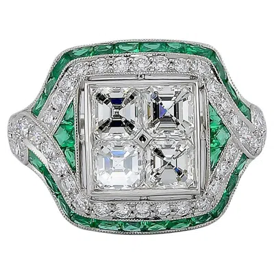 Pre-owned Sophia D Art Deco Style Diamond And Emerald Ring In Green