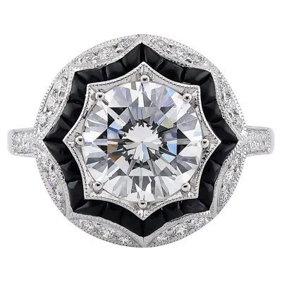 Pre-owned Sophia D Art Deco Style Onyx & Diamond Halo Ring In Black