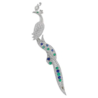 Pre-owned Sophia D Art Deco Style Peacock Brooch With Diamonds, Sapphires, And Emeralds In Multi