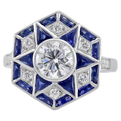 Pre-owned Sophia D Art Deco Style Ring With 1.01 Carat Center Diamond & Blue Sapphire