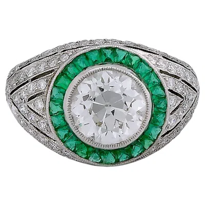 Pre-owned Sophia D Art Deco Style Ring With 2.44 Carat Round Diamond And Emerald Halo In Green