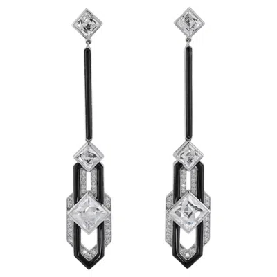 Pre-owned Sophia D Art Deco Style Square Cut Diamond And Onyx Drop Earrings In Black