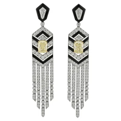 Pre-owned Sophia D Art Deco Yellow And White Diamond Onyx Fringe Earrings Platinum And 18k