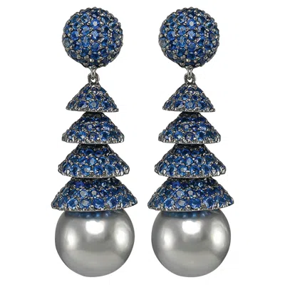 Pre-owned Sophia D . Black Pearl And Blue Sapphire Earrings In White Gold