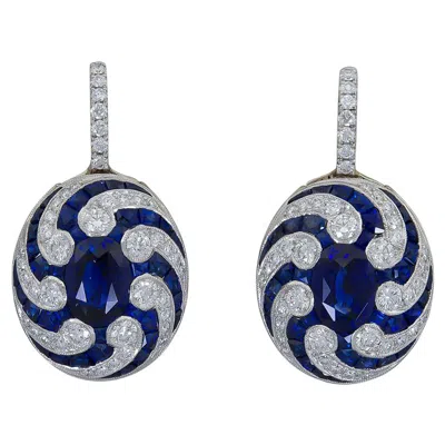 Pre-owned Sophia D Blue Sapphire And Diamond Art Deco Earrings In Platinum