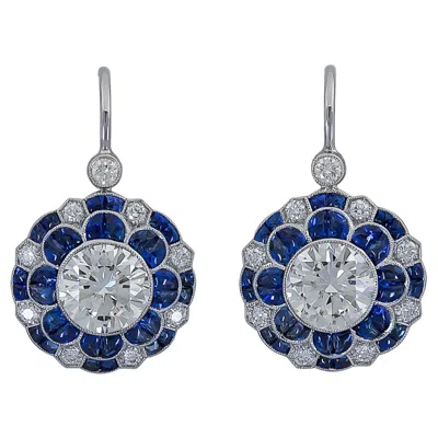 Pre-owned Sophia D Blue Sapphire And Diamond Art Deco Earrings In Platinum By .
