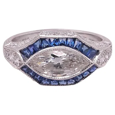 Pre-owned Sophia D . Blue Sapphire & Diamond Art Deco Style Platinum Ring