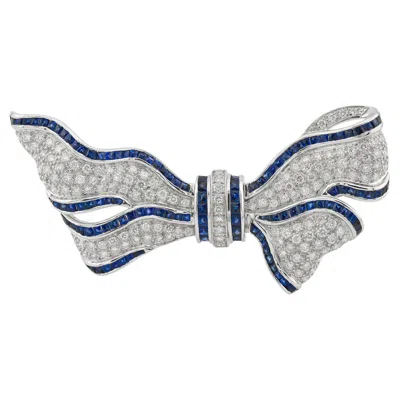 Pre-owned Sophia D . Blue Sapphire And Diamond Ribbon Brooch