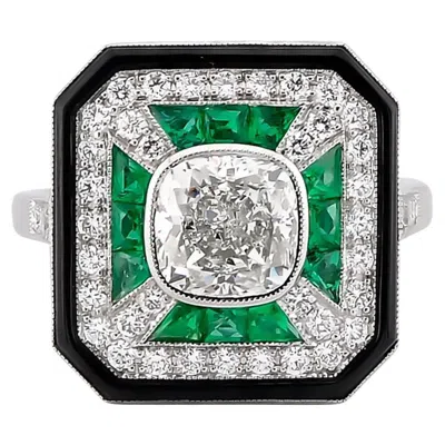 Pre-owned Sophia D Cushion Diamond, Emerald, And Onyx Halo Ring In Platinum In Black