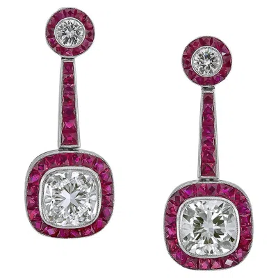 Pre-owned Sophia D Cushion-cut Diamonds And Rubies Art Deco Style Earrings In Multi