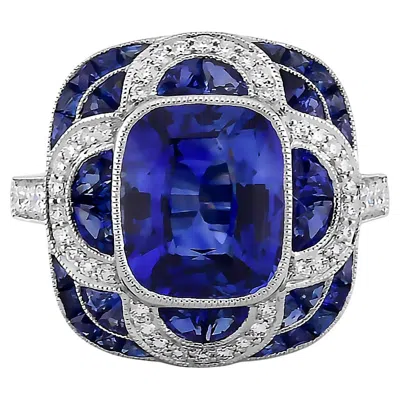 Pre-owned Sophia D Cushion-cut Sapphire And Diamond Halo Ring In Platinum In Blue