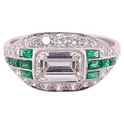 Pre-owned Sophia D . Diamond And Emerald Art Deco Platinum Ring In Green