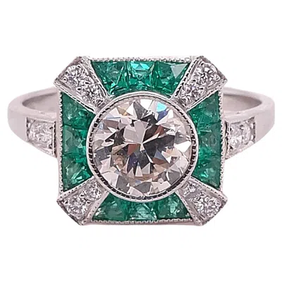 Pre-owned Sophia D . Diamond And Emerald Art Deco Ring In Green