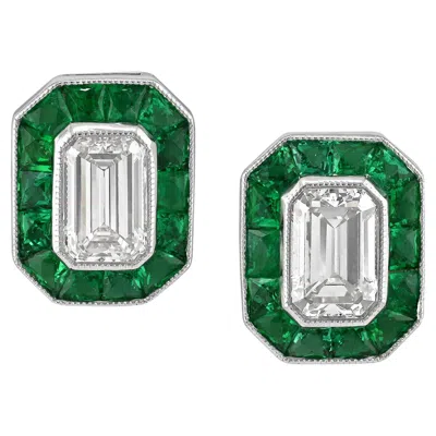 Pre-owned Sophia D . Diamond And Emerald Mosaic Stud Earrings In Green