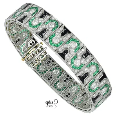 Pre-owned Sophia D . Diamond, Onyx And Emerald Art Deco Platinum Bracelet In Green
