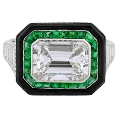Pre-owned Sophia D Emerald, Onyx And Diamond Mosaic Ring Platinum In Black