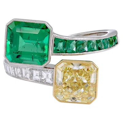 Pre-owned Sophia D , Gia Certified 1.89 Carat Yellow Diamond And 1.71 Carat Emerald Ring