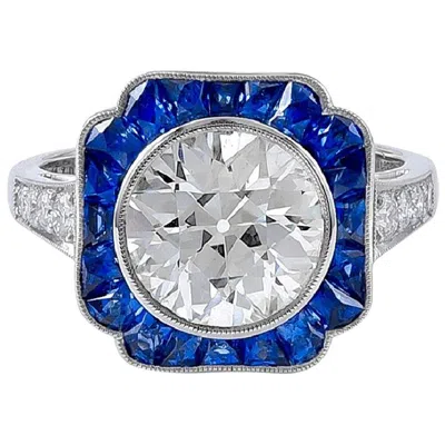 Pre-owned Sophia D Gia Certified 2.53 Carat Center Diamond And Blue Sapphire Art Deco Ring