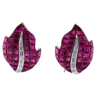 Pre-owned Sophia D Invisible-set Ruby & Diamond Leaf Earrings In 18k White Gold