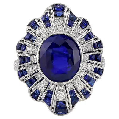 Pre-owned Sophia D Oval Sapphire And Diamond Sunburst Ring In Platinum In Blue