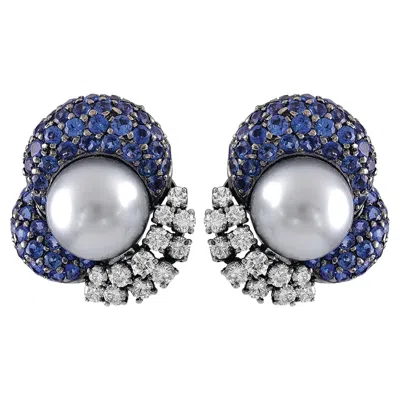 Pre-owned Sophia D . Pearl And Blue Sapphire Platinum Earrings