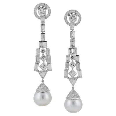 Pre-owned Sophia D Pearl And Diamond Art Deco Drop Earrings In Platinum In Multiple
