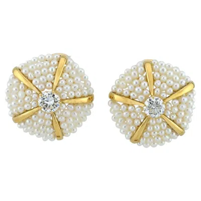 Pre-owned Sophia D Pearl And Diamond Cluster Earrings In 18k Yellow Gold