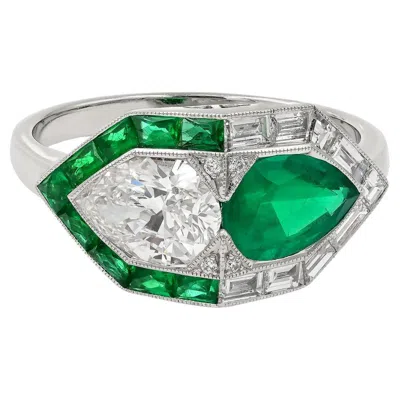 Pre-owned Sophia D . S Deco Ring With Emerald And Diamond In Green