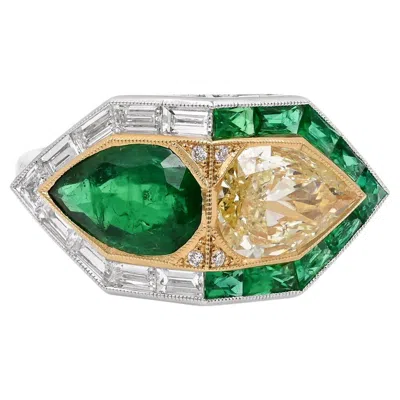 Pre-owned Sophia D . S Deco Ring With Emerald And Yellow Diamond