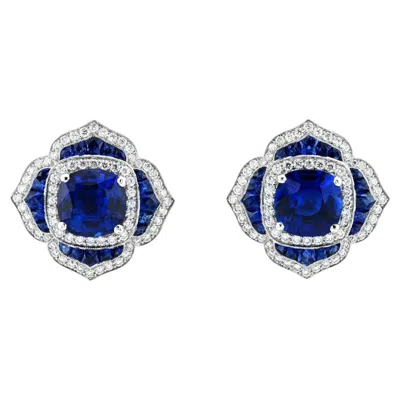 Pre-owned Sophia D Sapphire And Diamond Floral Earrings In Platinum In Blue