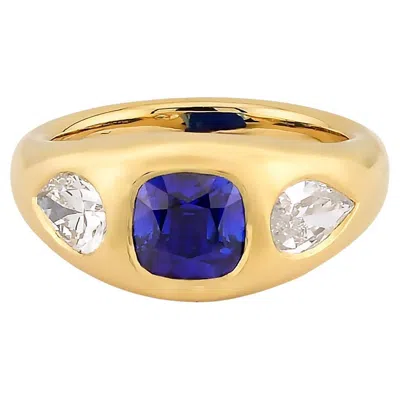 Pre-owned Sophia D Three-stone Ring With Cushion Sapphire And Pear Diamonds In Blue