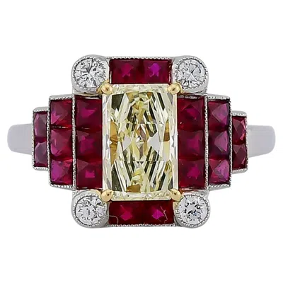 Pre-owned Sophia D . Yellow Diamond And Ruby Art Deco Style Ring